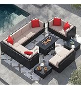 Greesum Patio Furniture 13-Pieces Outdoor PE Rattan Sectional Sofa w/43in Gas Fire Pit Table Sets...