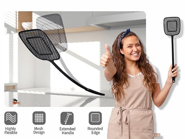 MR.SIGA Heavy Duty Long Handle Fly Swatter, Black, 6 Pack