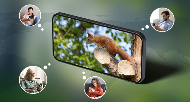 Smartphone displaying nature photo of squirrel, surrounded by four circular chat bubbles showing different video call participants.