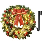 Juegoal 18 Inch Christmas Spruce Wreath with Colored Balls and Metal Hanger, Pre-Lit Battery Oper...