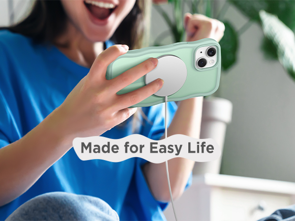 iPhone 13 iPhone 14 Case for Women Girls, Cute Wave Frame Curly Shape with Raised Camera Protection