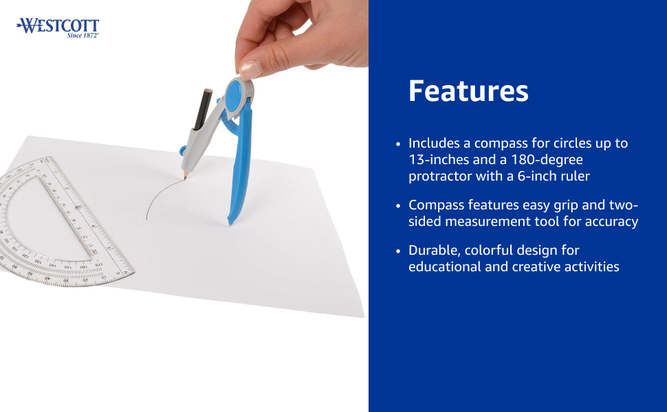 Westcott 2-Piece Compass and Protractor Set, for Crafting, Office, Classroom, Back-to-School