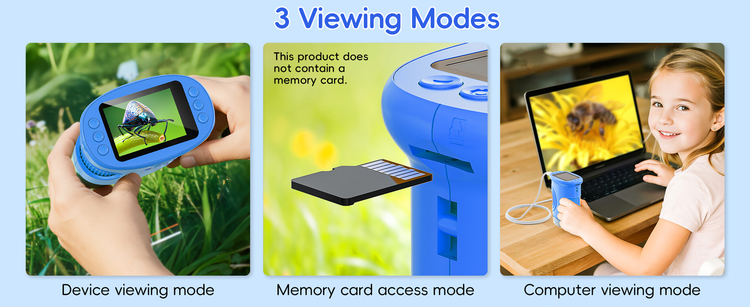 Text reads '3 Viewing Modes'. Electronic device shown in different usage configurations: device viewing mode, memory card access mode, and computer viewing mode.