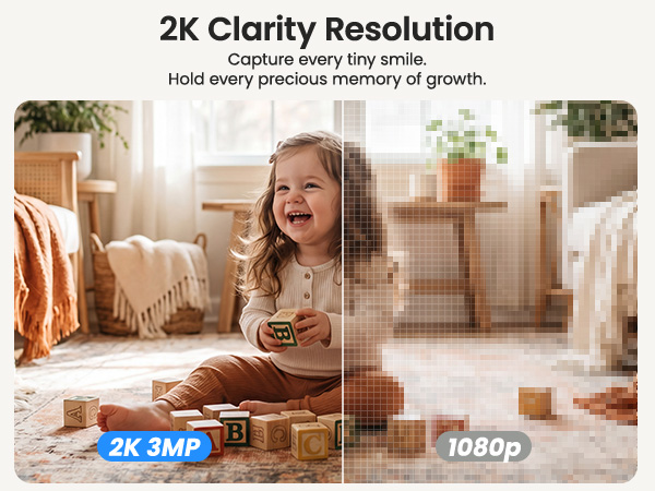 2K sharp baby, clear fingers & block letters (2K 3MP). Right: 1080P blur
