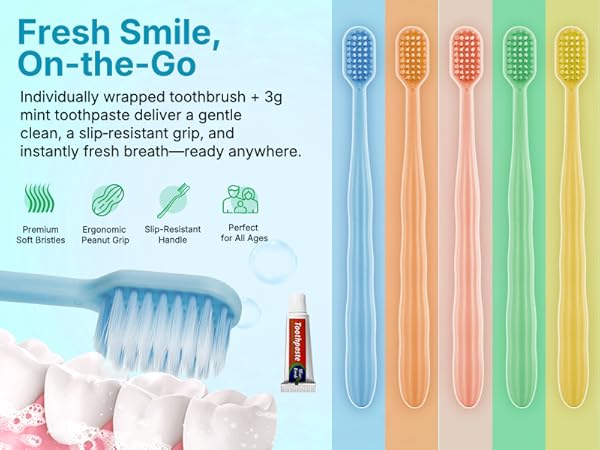 Travel toothbrush with 3g mint toothpaste; individually wrapped, soft bristles, non-slip