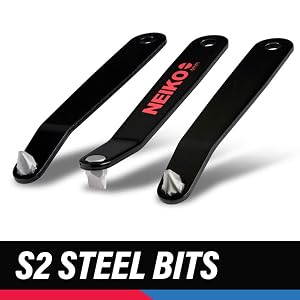 Close-up of S2 steel bits on NEIKO fixed offset drivers
