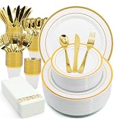 AIRE 175PCS Gold Plastic Plates for Party Supplies Dinnerware Sets for 25 Guests, Disposable Plas...