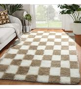 KICMOR Beige and Cream White Area Rugs for Bedroom Living Room, 4x6 Fluffy Shag Shaggy Fuzzy Chec...