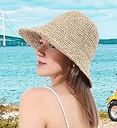 Womens Sun Hat Handmade Crochet Straw Bucket Hat Summer UV Protection Foldable Travel Cap UPF 50+