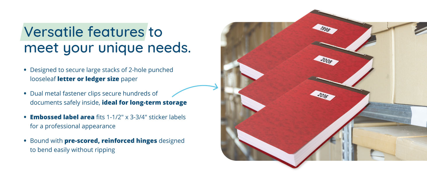 Pressboard report cover feature descriptions with image of long term storage