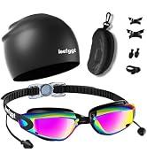 LEEIGGT Swim Goggles+Swim Cap, No Leak Anti-Fog & UV,Swimming Goggles Full Protection Adult Men W...