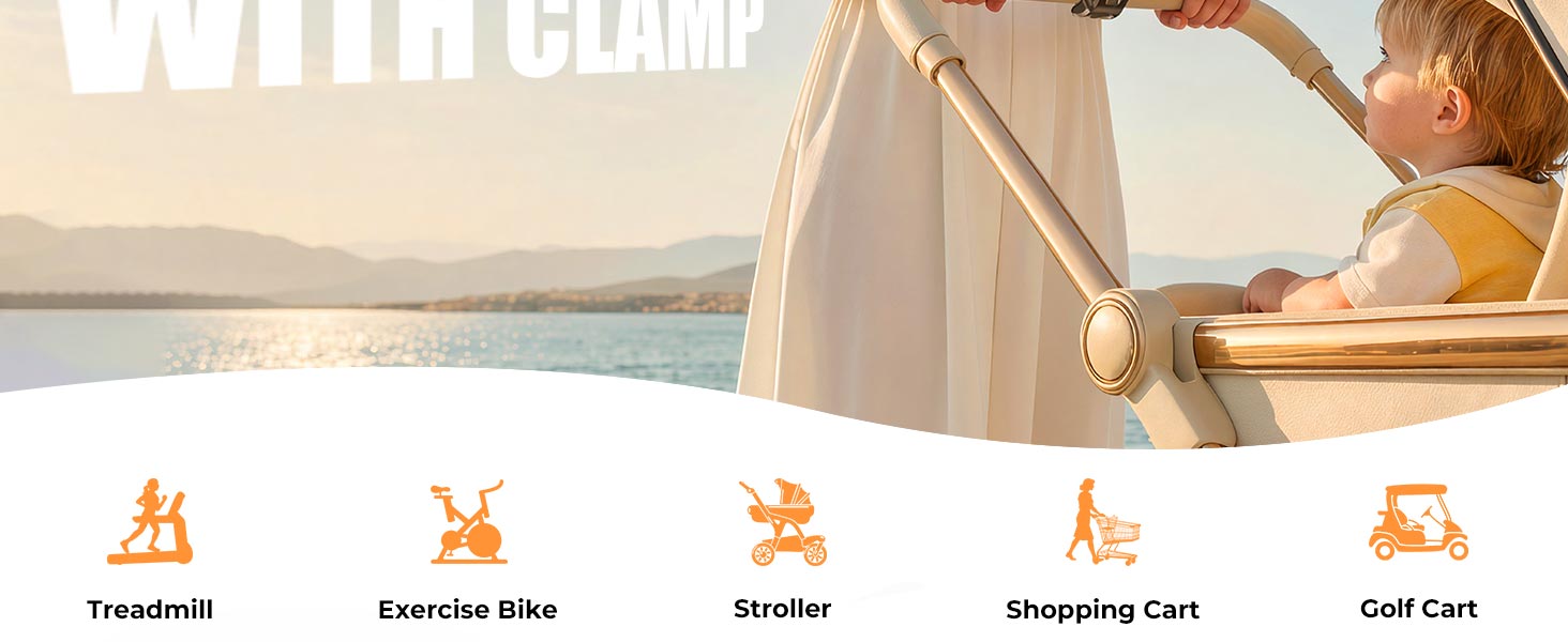 phone holder easily attaches to baby strollers, shopping carts, treadmills, exercise bikes