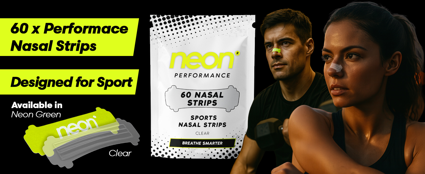 Text reads 'AQ x Performance', 'Nasal strips', 'Designed for Sport'. Black and white promotional banner with athletic design elements.