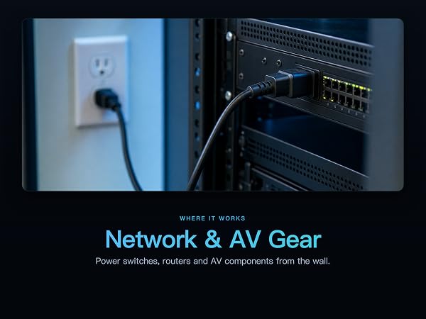 NEMA 5-15P to C13 power cord 18 AWG 10A 125V shown in a Network & AV Gear scene