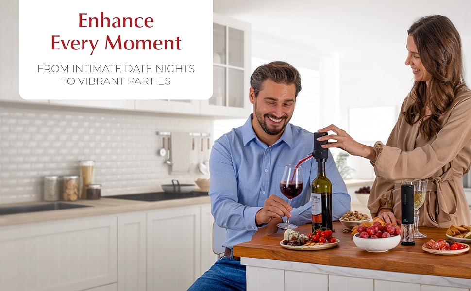 an image of a man and a woman pouring from the wine aerator in a modern kitchen with food