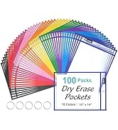 SUNEE 100 Packs Oversized Reusable Dry Erase Pocket Sleeves with 5 Rings, 10 Assorted Colors 10x1...