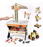 varbertos Wooden Tool Bench for Kids Toddlers, Pretend Play Workbench Set with Crane Workshop Wor...
