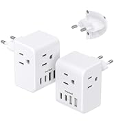 2 Pack European Travel Plug Adapter, International Power Plug Adapter with 3 Outlets 4 USB Chargi...