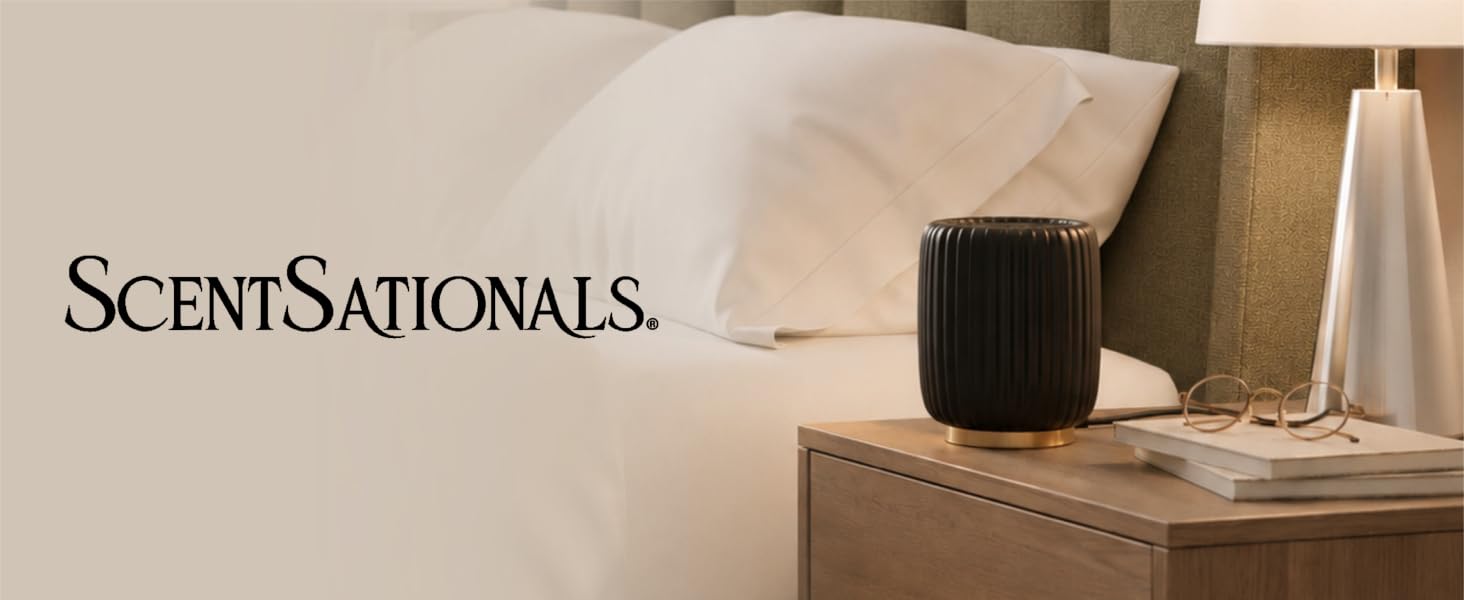 Scentsationals your choice for home fragrance. Image: Logo and Wax warmer on a bedside table.