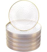 Rubtlamp 100 Pcs Gold Plastic Plates - 10 inch Clear Gold Dinner Plates - Hammer Pattern Design -...