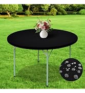 Wolkemer Waterproof Round Fitted Tablecloth 48 Inches, Black | 4 Foot Windproof Polyester Table C...