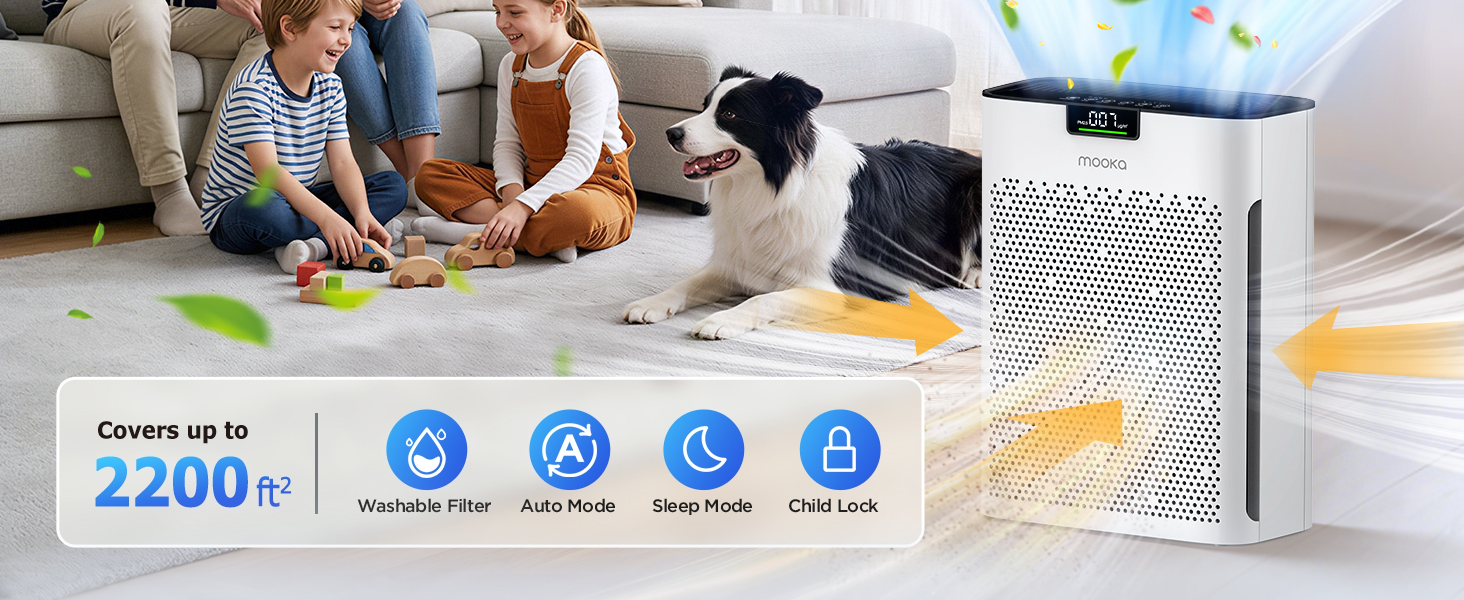 Large room air purifier covers 2200 sq ft, perfect for whole house, open floor plans