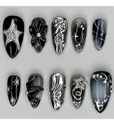 30Pcs Y2K Goth Press On Nails Black Chrome 3D Silver Star & Flower Rhinestone Designs Almond Fake...