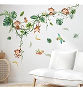 Supzone Monkey Climbing Tree Wall Decals Jungle Animals Birds Wall Stickers Hanging Vine Green Le...