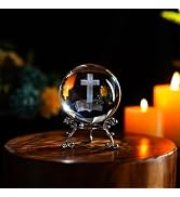 ZEERSHEE 3D Laser Engraved Cross Bible Crystal Ball with Stand Religious Christian Collectible De...