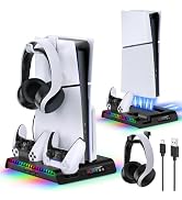FASTSNAIL Vertical Stand with Cooling Fan for PS5 Slim Digital/Disc, Controller Charging Station ...