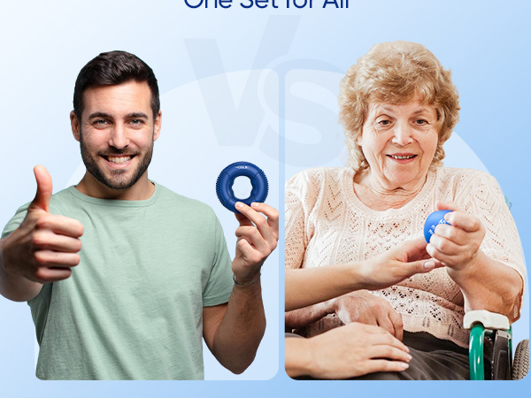 a man holding a plastic ring and a woman holding a blue plastic ring.
