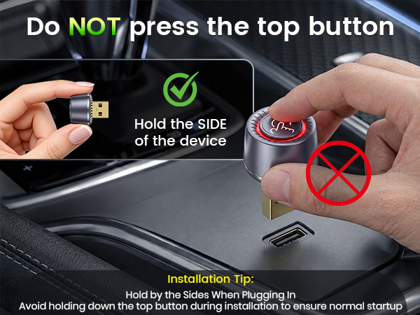 Wireless Android Auto adapter explains proper plug-in handling for normal startup.