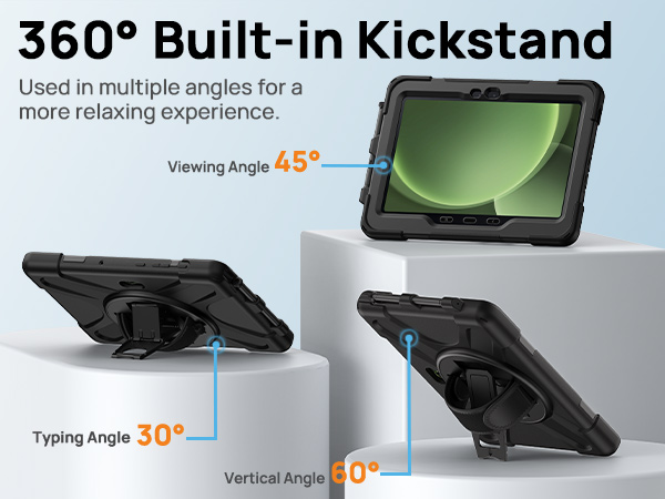Text reads: '360° Built-in Kickstand' with 'Viewing Angle 65°', 'Typing Angle 30°', and 'Vertical Angle 0°'. Shows device stand positions at multiple angles.