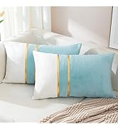 ZLINA Set of 2 Velvet Decorative Lumbar Pillow Covers Aqua Green White Patchwork with Gold Leathe...