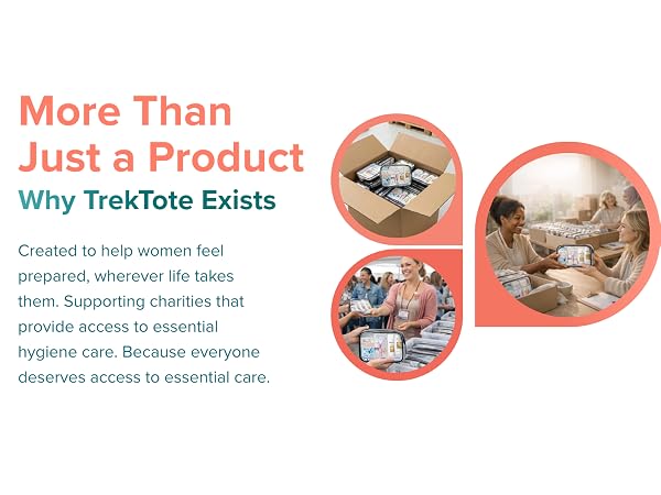 Women handling boxed hygiene kits in indoor and group settings.