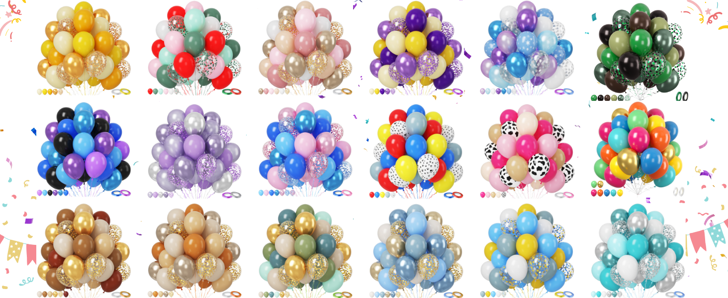A collection of 18 balloon clusters, each featuring a different color scheme and mix of metallic, opaque, and patterned balloons. Includes confetti and ribbon decorations.