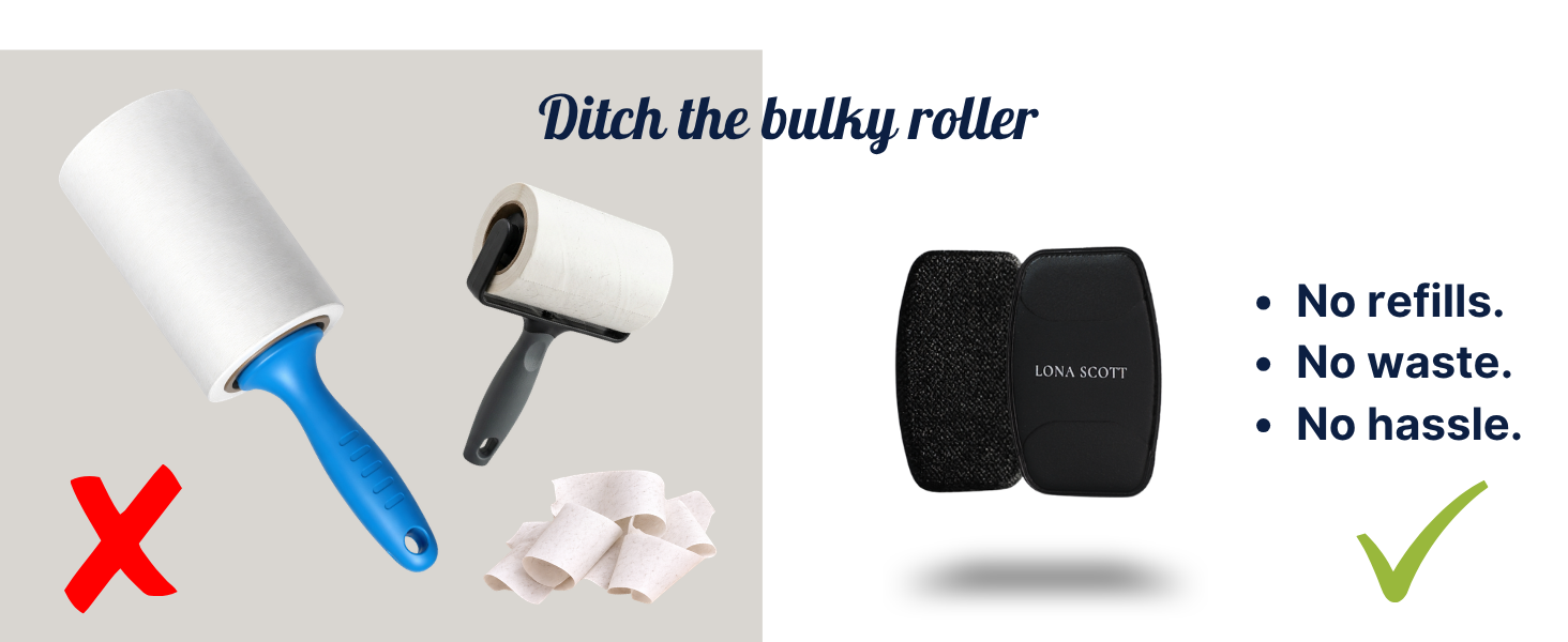 Text reads 'Ditch the bulky roller' and 'No refills. No waste. No hassle.' Black lint roller with compact cube-shaped design shown with application accessories and checkmark indicating reusable alternative.