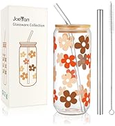 Joeyan 20 oz Glass Cups With Bamboo Lids and Straws,Boho Can Shaped Beer Drinking Glasses,Cute Ic...