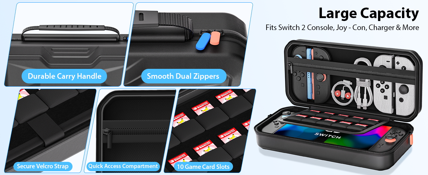 Storage case with multiple compartments showing 'Large Capacity' text, containing organized electronic accessories and cables in separate sections.