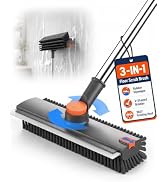 Floor Scrub Brush with Long Handle, 3-in-1 with Squeegee & Stiff Bristles | Heavy-Duty V-Shaped B...