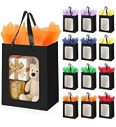 Ethhqu 12-Pack Black Kraft Gift Bags with Clear Window and Handles, Includes Tissue Paper, 9.8x7x...