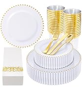 LIYH 350 Pcs White and Gold Plastic Plates - Elegant Disposable Gold Plastic Dinnerware set Inclu...