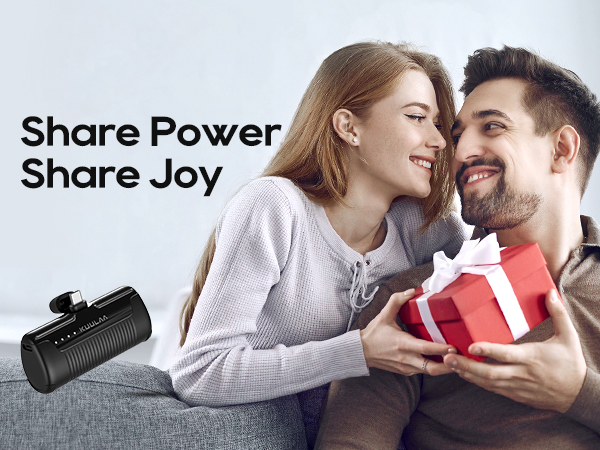 Text reads 'Share Power' and 'Share Joy'. Marketing composite showing a black electronic device and casual lifestyle scenes on a gray background.