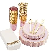 ISFANGCO 200 PCS Pink Thickened Plastic Plates Set for 25 Guests,Gold Rimmed Heavy Duty Disposabl...