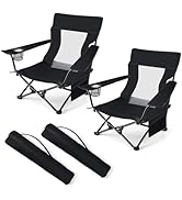 HaSteeL Folding Beach Chair Set of 2, Foldable Black Camping Chairs for Outside, Low Beach Chair ...