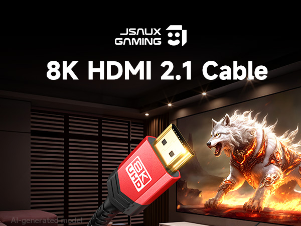 Text reads "8K HDMI 2.1 Cable". Product image shows HDMI cable with red and white connectors against dark background with golden fire effects and tech elements.