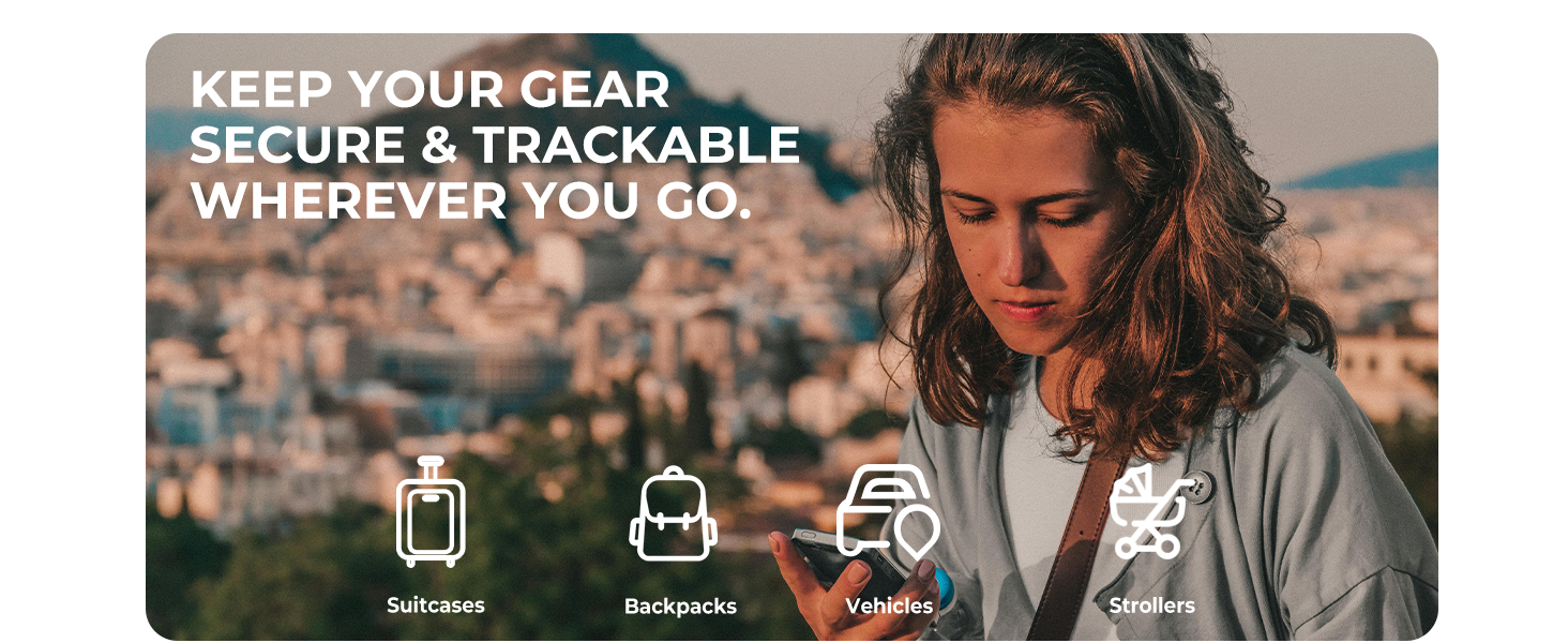 Lockable AirTag holder with icons for suitcases, backpacks, vehicles, and strollers.