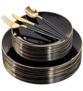 DaYammi 150Pcs Black Plastic Plates with Gold Silverware,Black Disposable Plates Set Included 30 ...