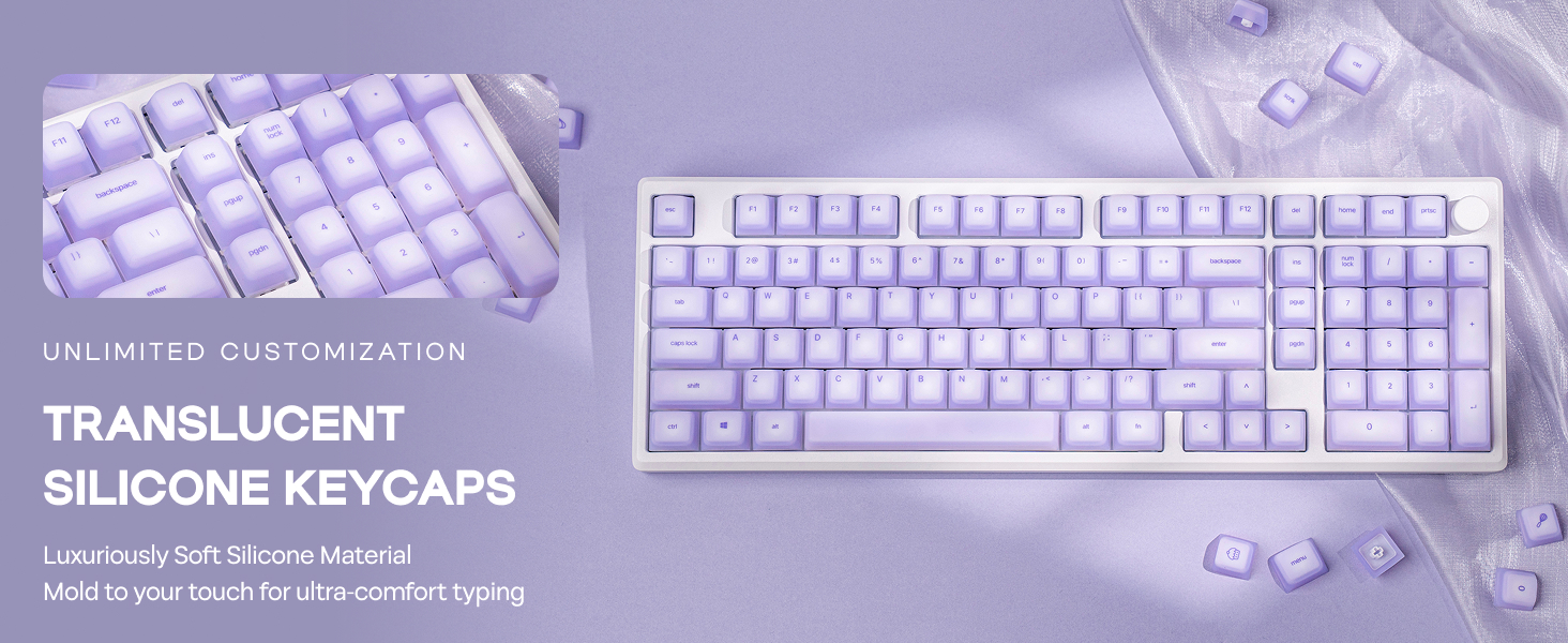 Text reads 'TRANSLUCENT KEYCAPS'. White mechanical keyboard with translucent keycaps shown against purple background. Additional text about customization visible but partially cut off.