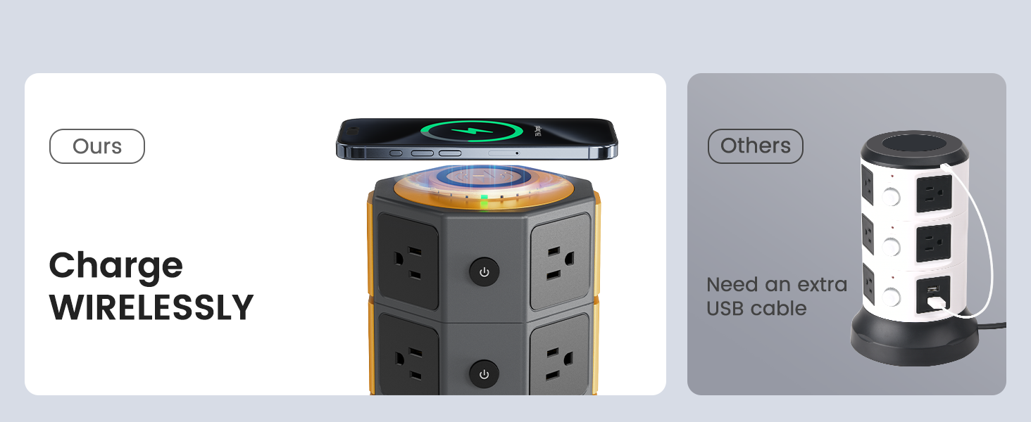 SUPERDANNY Power Strip Surge Protector Tower with 15W Wireless Charger